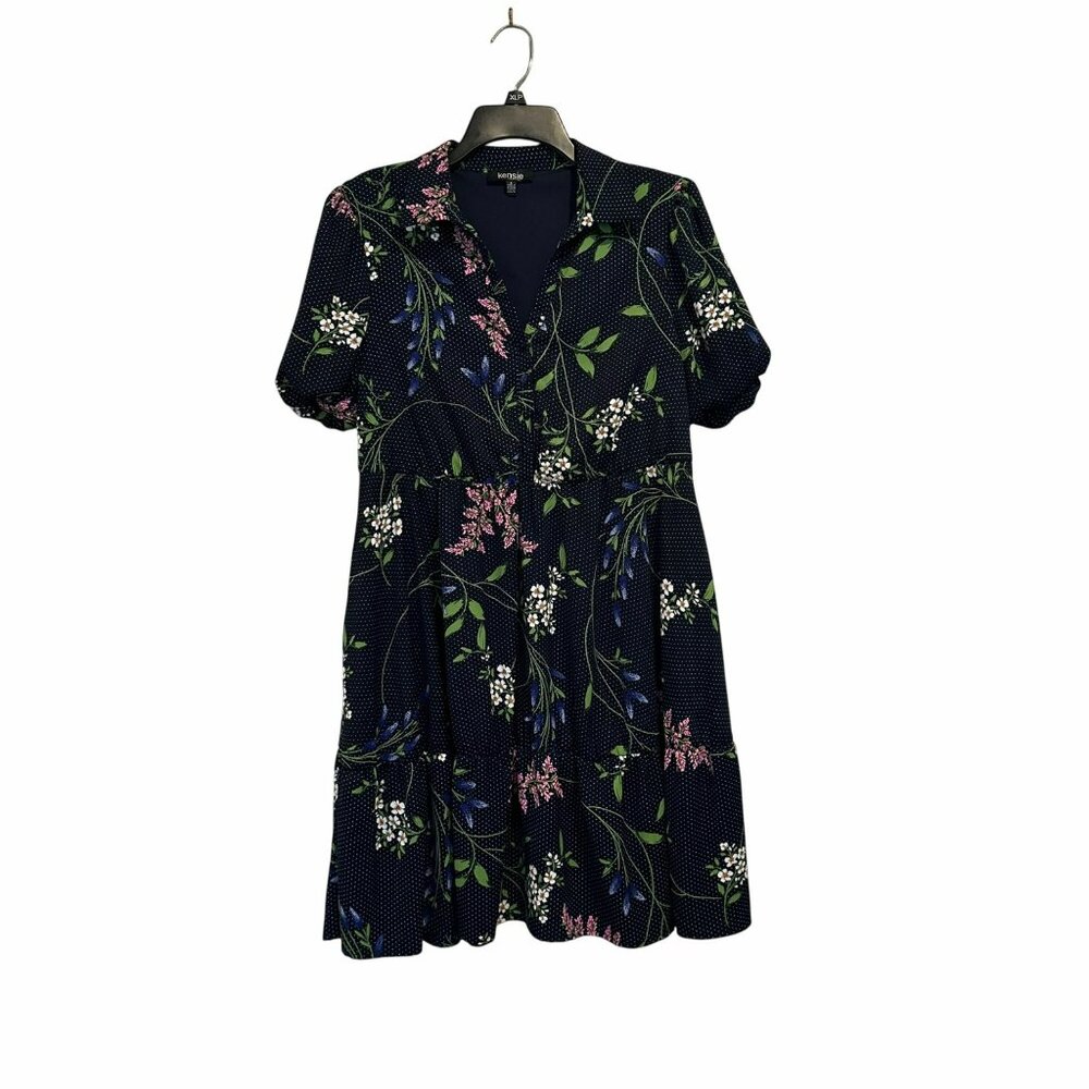 ✨Kensie Women's Sz 6 Navy Floral Pocketed Flounce Pouf Sleeve Casual Shirt Dress
